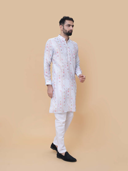 Light Gray Linen Cotton Printed Kurta Pyjama