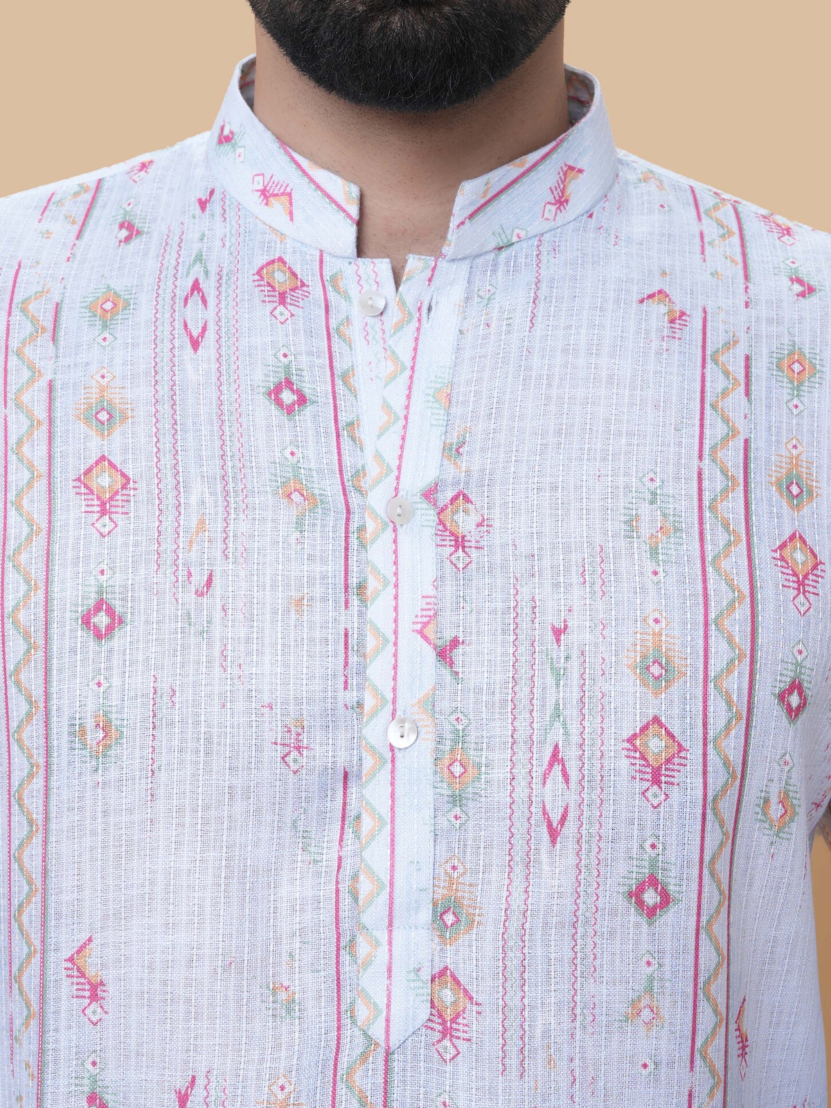 Light Gray Linen Cotton Printed Kurta Pyjama