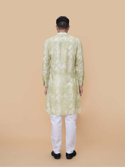 Mehendi Green Linen Cotton Printed Kurta Pyjama