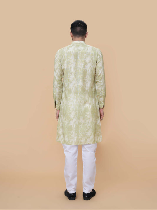 Mehendi Green Linen Cotton Printed Kurta Pyjama