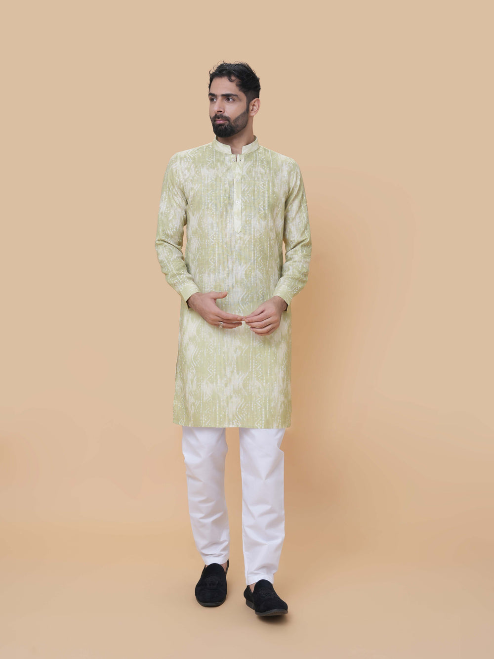 Mehendi Green Linen Cotton Printed Kurta Pyjama