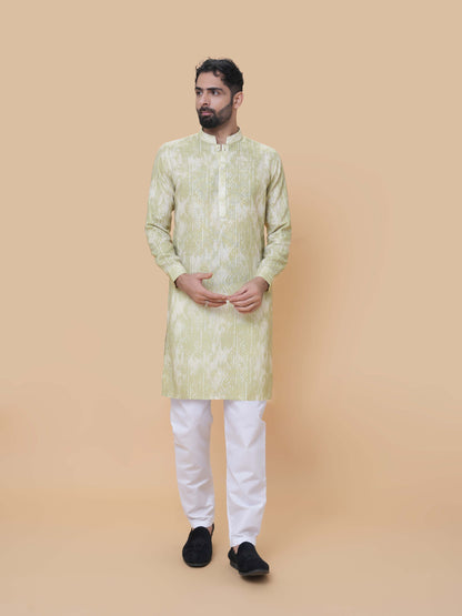 Mehendi Green Linen Cotton Printed Kurta Pyjama