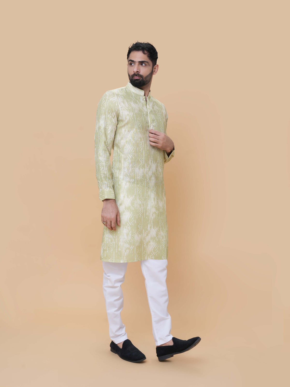 Mehendi Green Linen Cotton Printed Kurta Pyjama