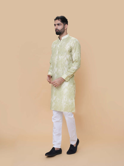Mehendi Green Linen Cotton Printed Kurta Pyjama