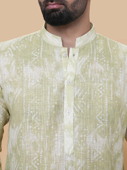 Mehendi Green Linen Cotton Printed Kurta Pyjama