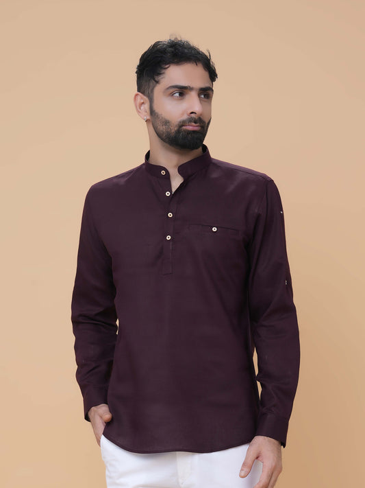 Wine Linen Plain Short Kurta