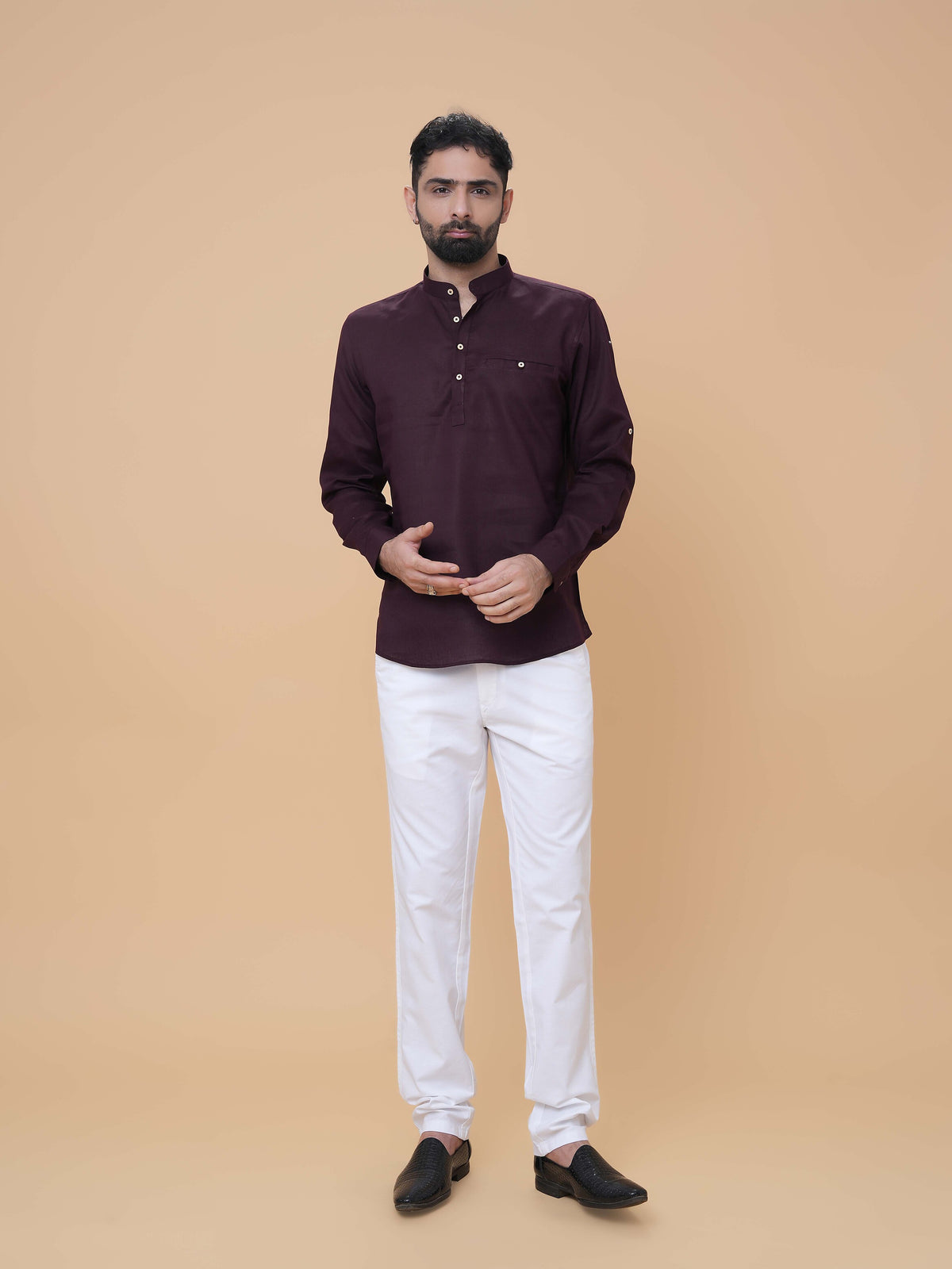 Wine Linen Plain Short Kurta