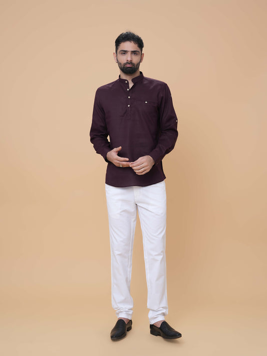 Wine Linen Plain Short Kurta