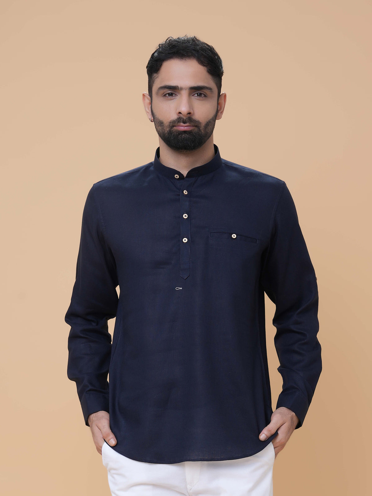 Navy Blue Linen Plain Short Kurta