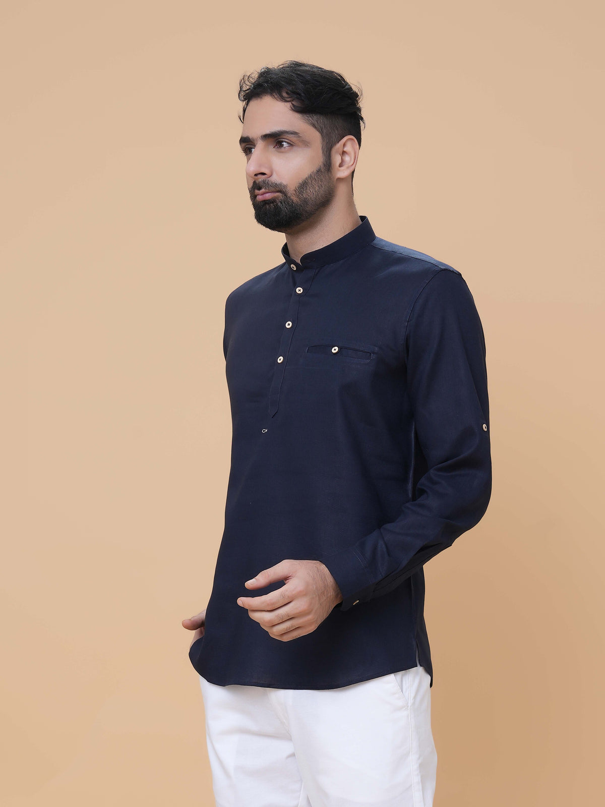 Navy Blue Linen Plain Short Kurta
