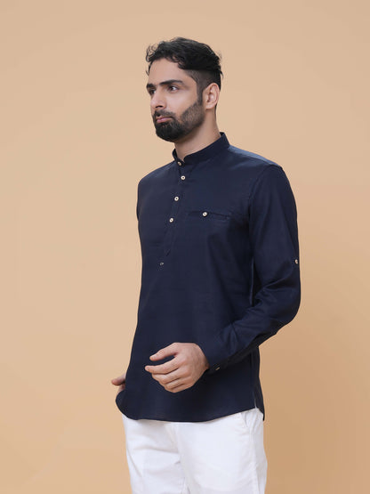 Navy Blue Linen Plain Short Kurta