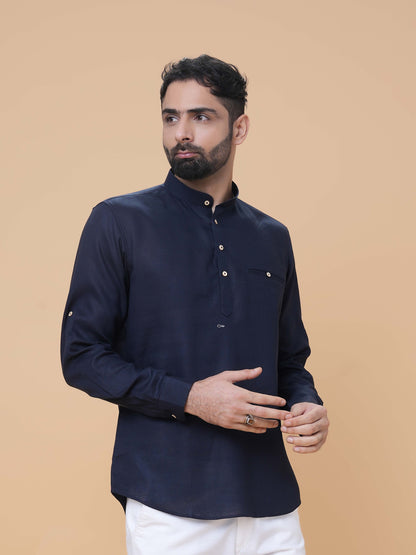 Navy Blue Linen Plain Short Kurta
