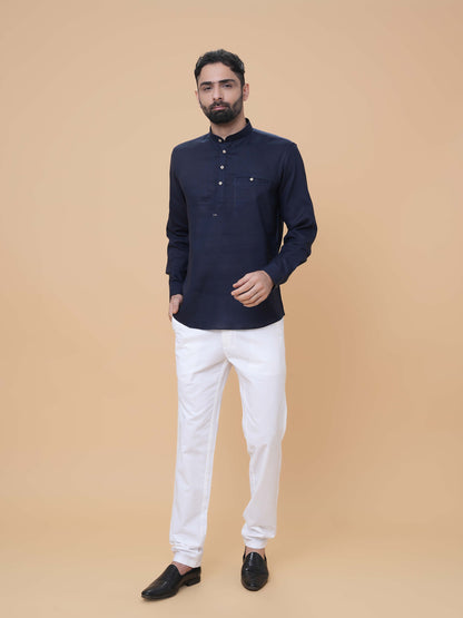 Navy Blue Linen Plain Short Kurta