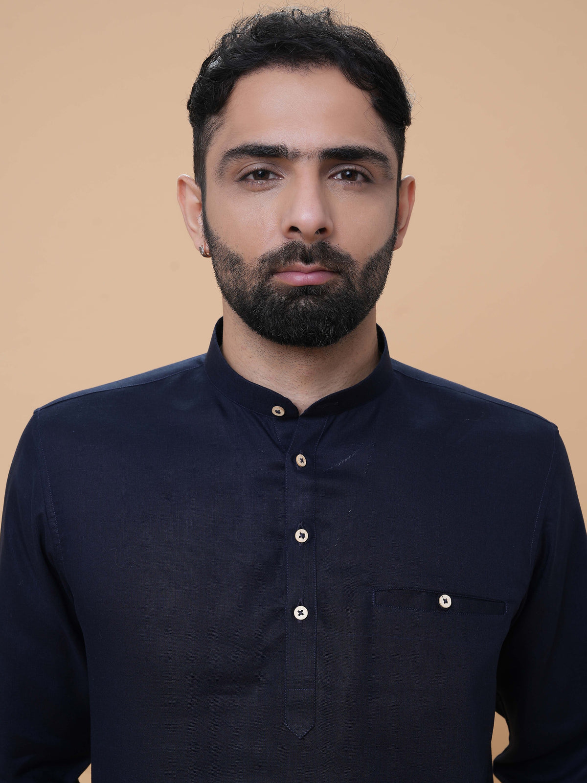 Navy Blue Linen Plain Short Kurta