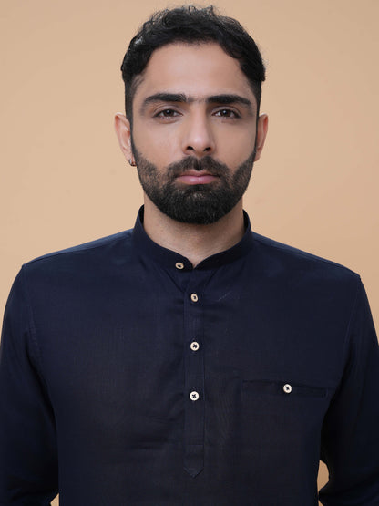 Navy Blue Linen Plain Short Kurta