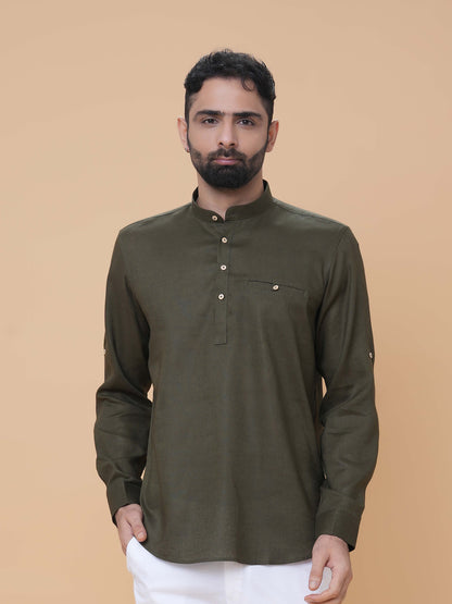 Dark Olive Linen Plain Short Kurta