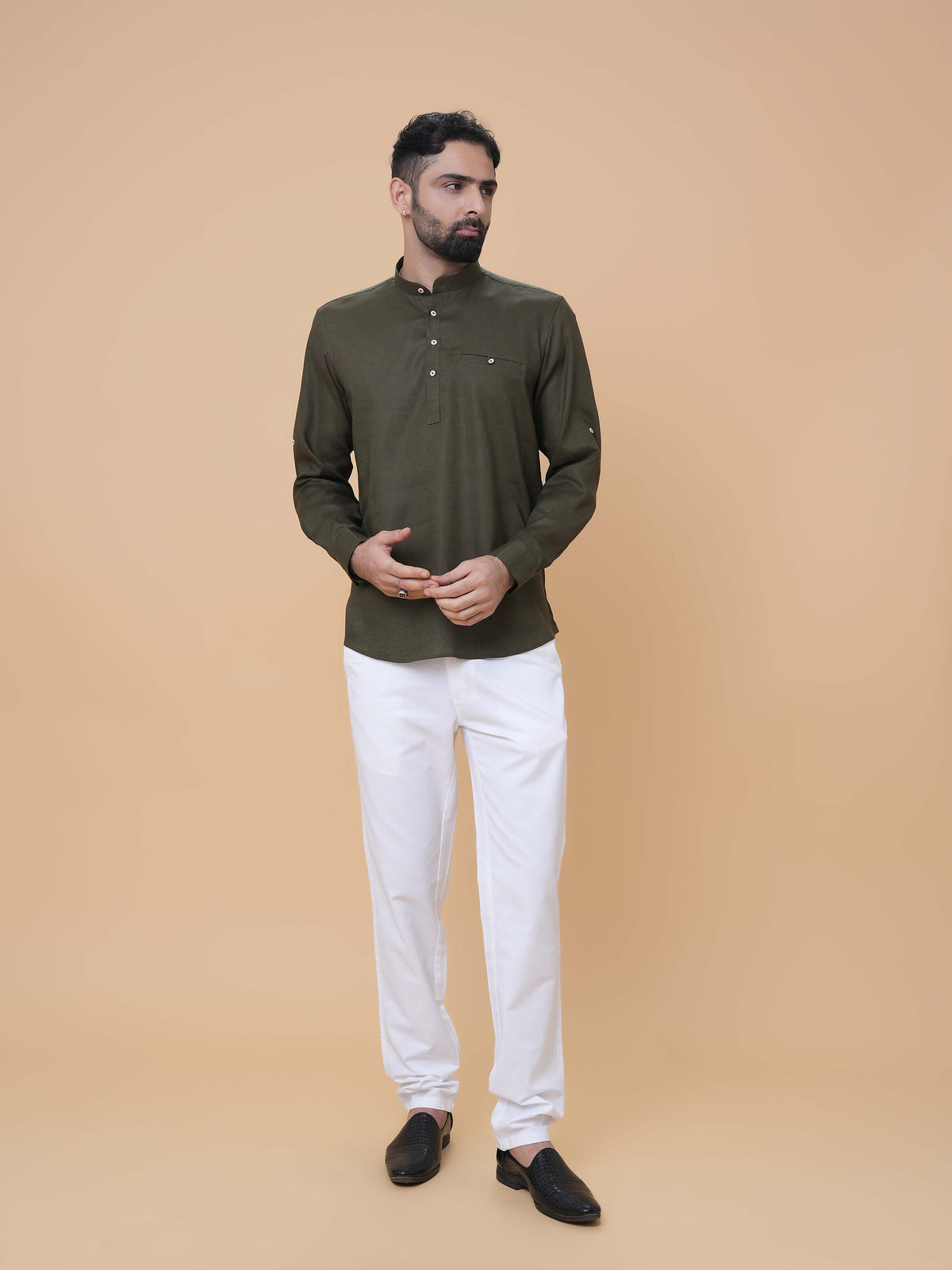 Dark Olive Linen Plain Short Kurta