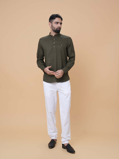Dark Olive Linen Plain Short Kurta