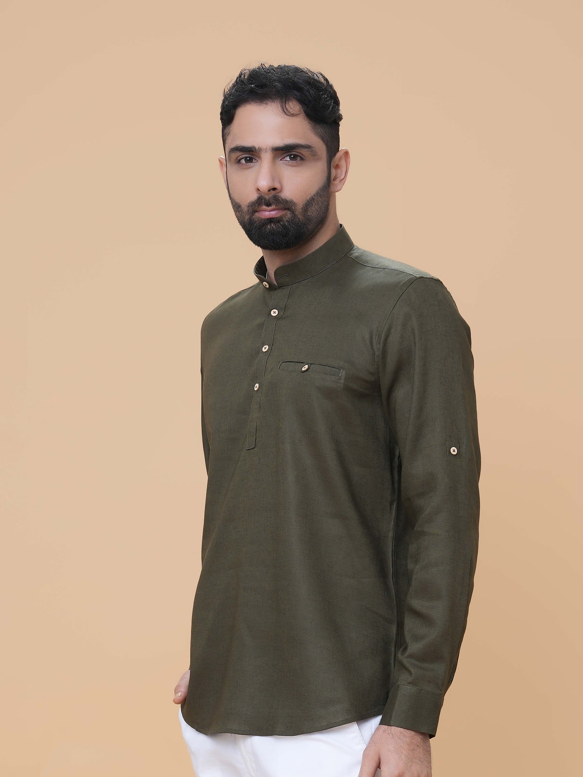 Dark Olive Linen Plain Short Kurta