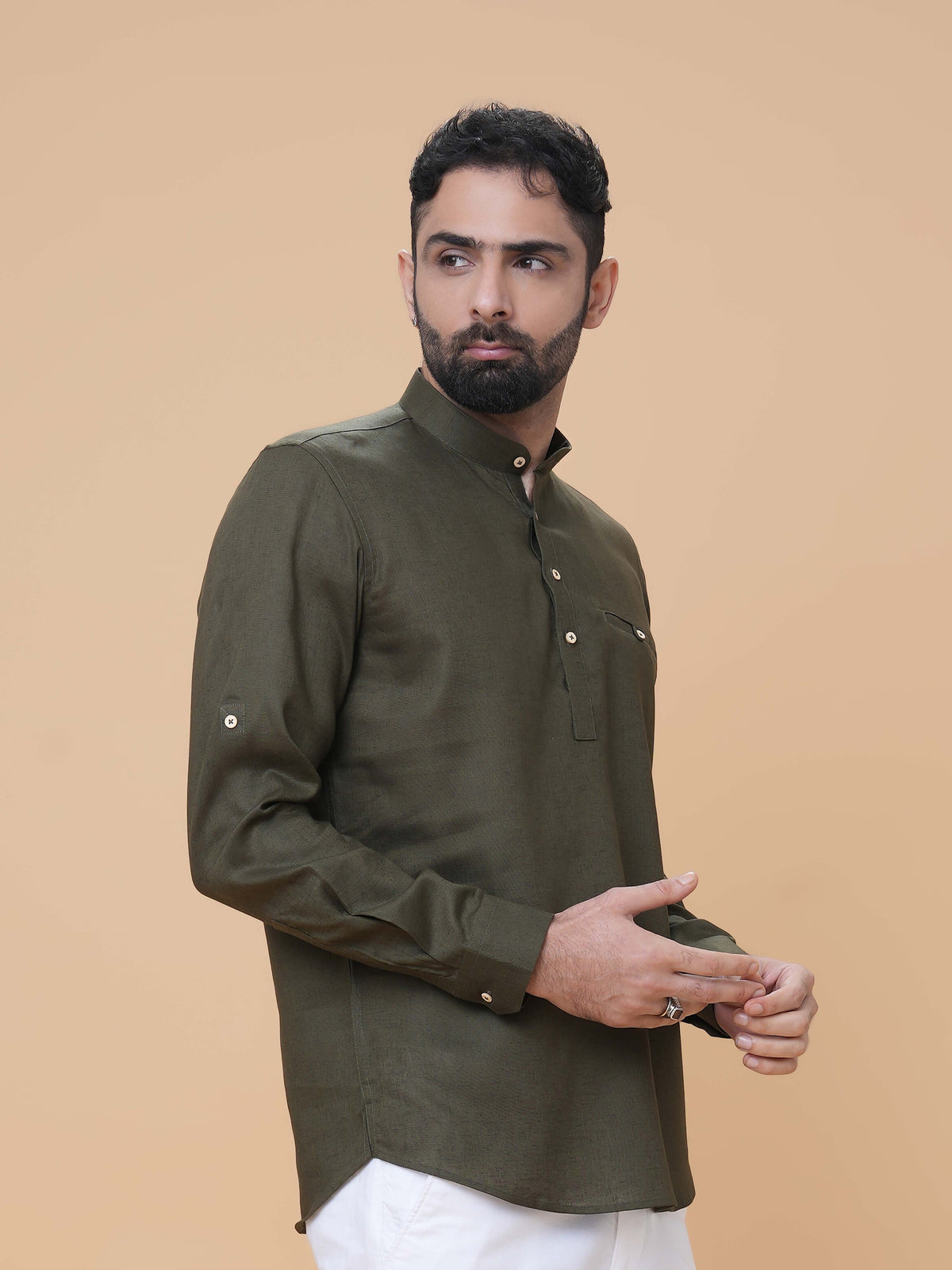 Dark Olive Linen Plain Short Kurta