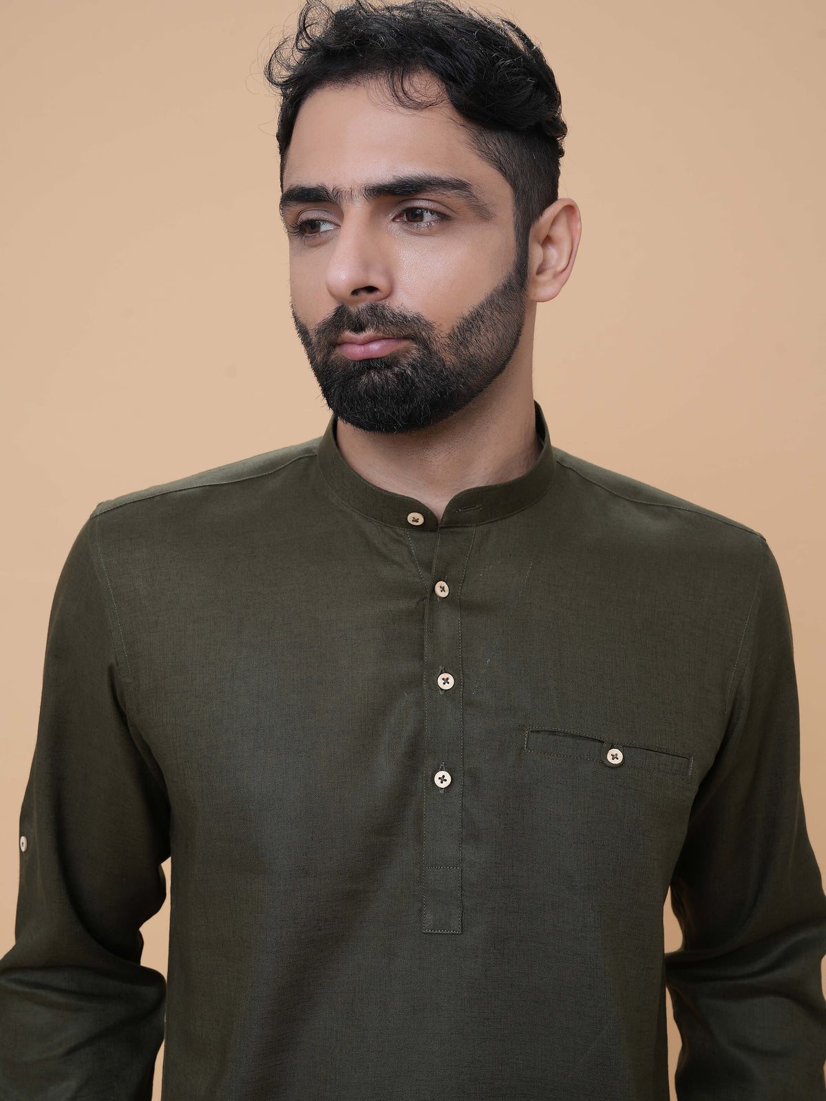 Dark Olive Linen Plain Short Kurta