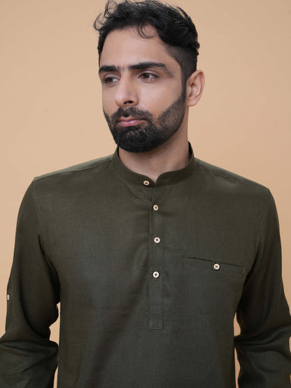 Dark Olive Linen Plain Short Kurta
