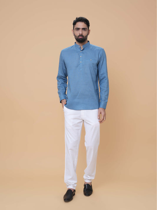 Air Force Blue Linen Plain Short Kurta