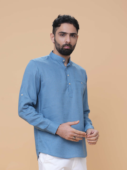 Air Force Blue Linen Plain Short Kurta