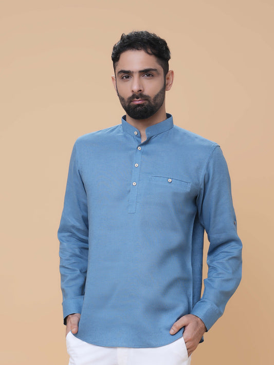 Air Force Blue Linen Plain Short Kurta