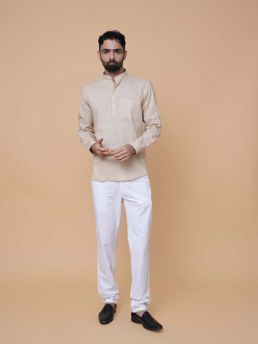 Beige Linen Plain Short Kurta