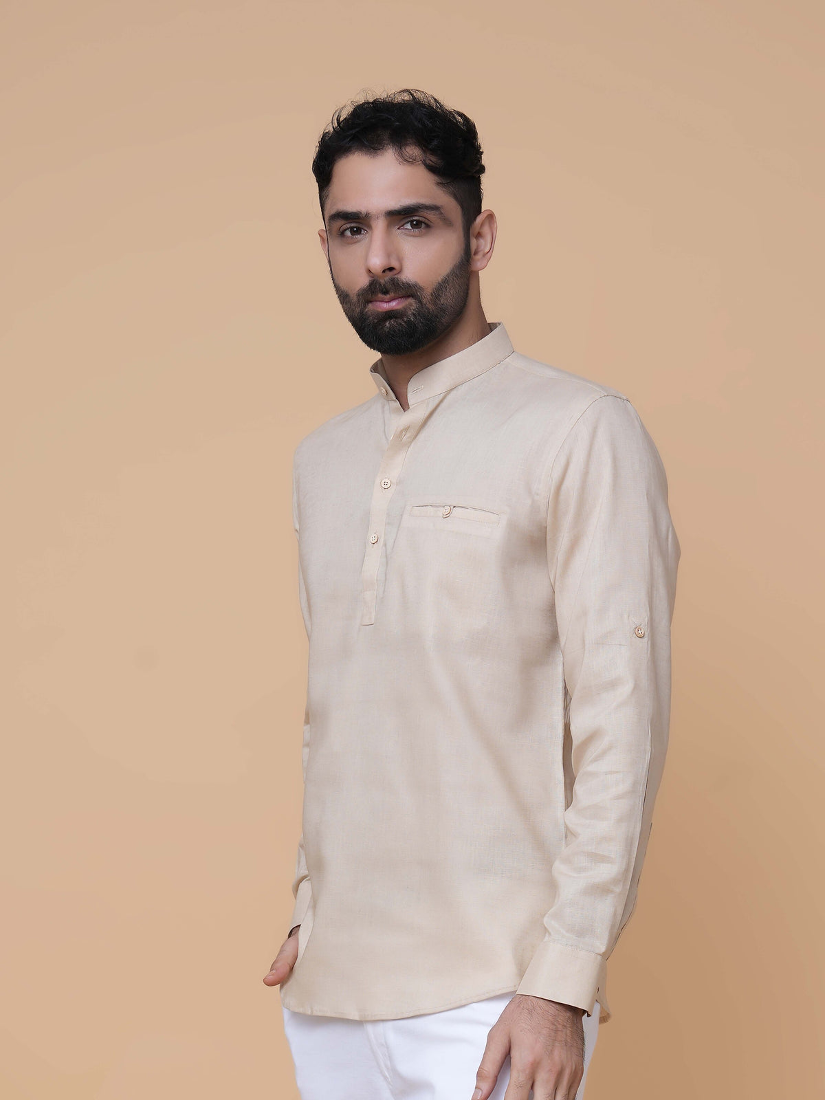 Beige Linen Plain Short Kurta