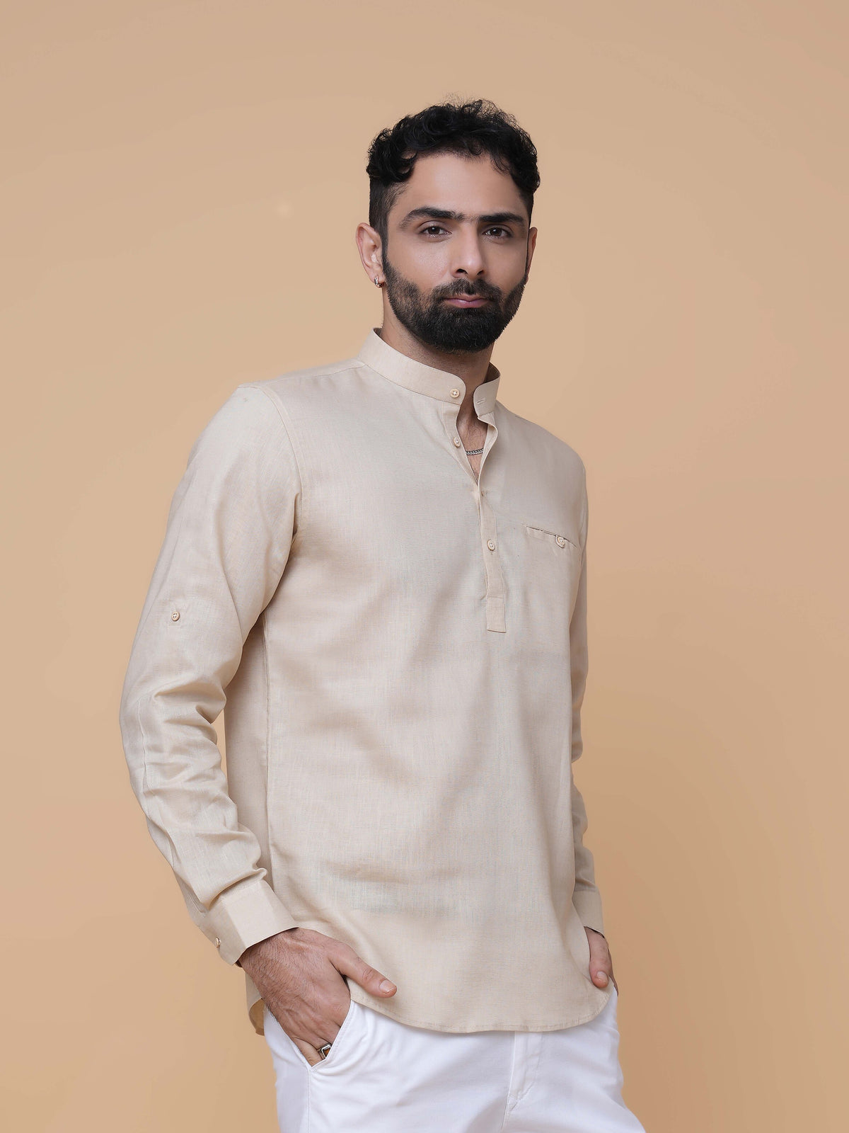 Beige Linen Plain Short Kurta