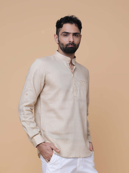 Beige Linen Plain Short Kurta