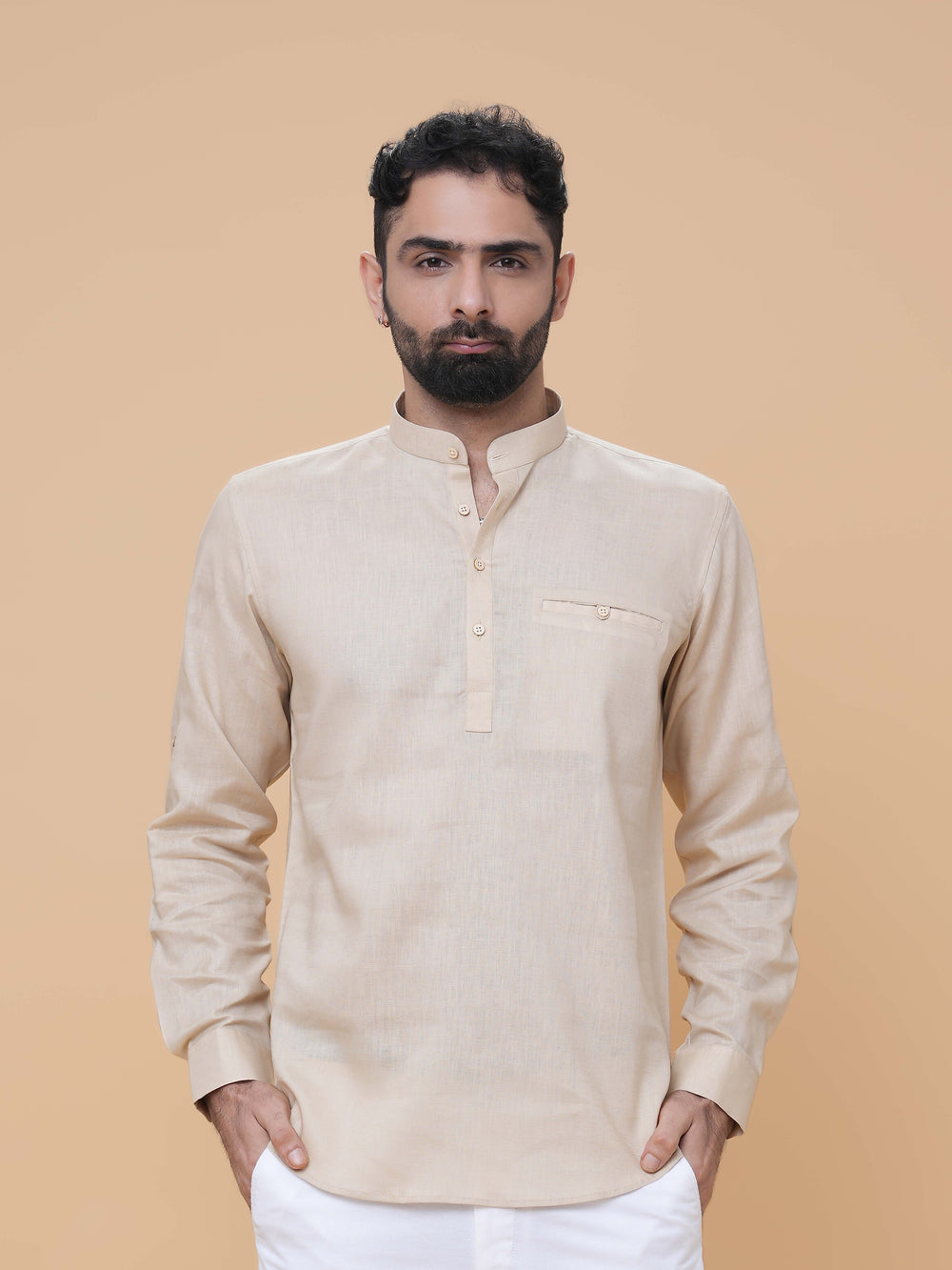 Beige Linen Plain Short Kurta