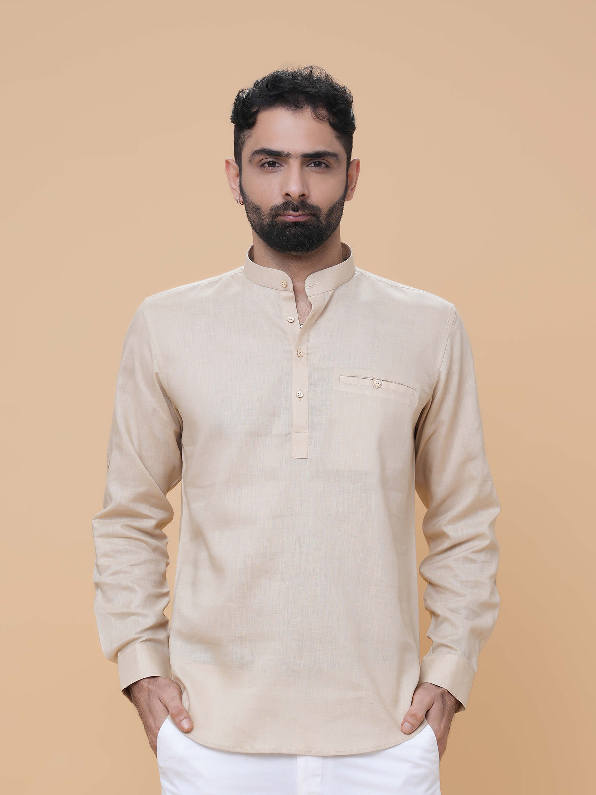 Beige Linen Plain Short Kurta