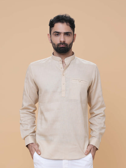 Beige Linen Plain Short Kurta