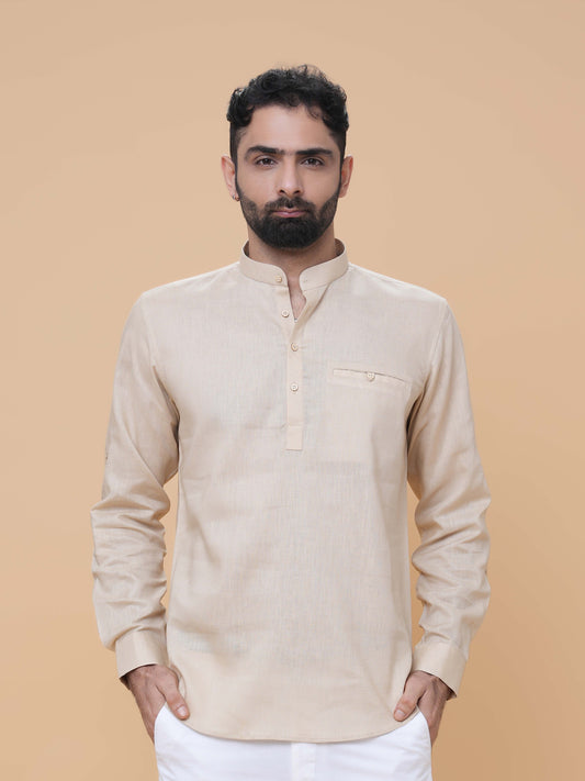 Beige Linen Plain Short Kurta