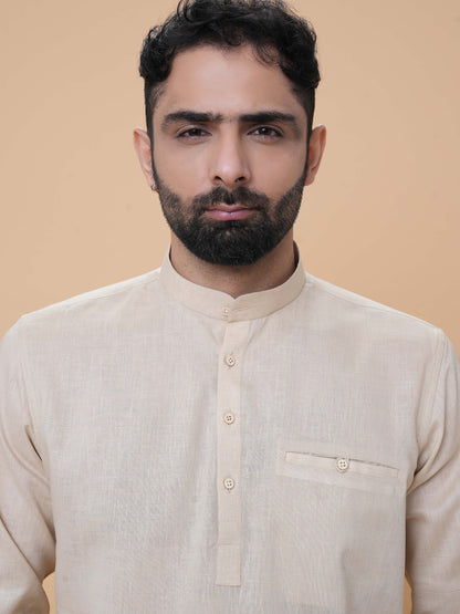 Beige Linen Plain Short Kurta