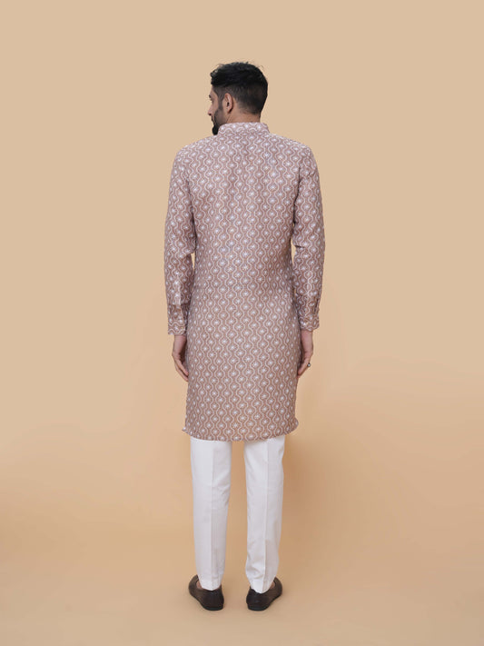 Beige Linen Cotton Printed Kurta Pyjama