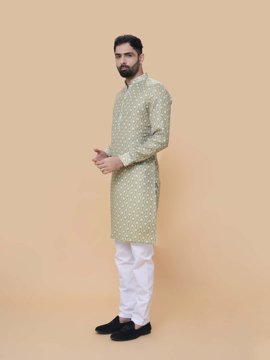 Mehendi Green Linen Cotton Printed Kurta Pyjama