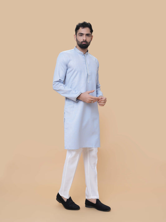 Sky Blue Linen Cotton Plain Kurta Pyjama