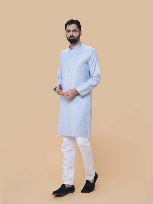Sky Blue Linen Cotton Plain Kurta Pyjama