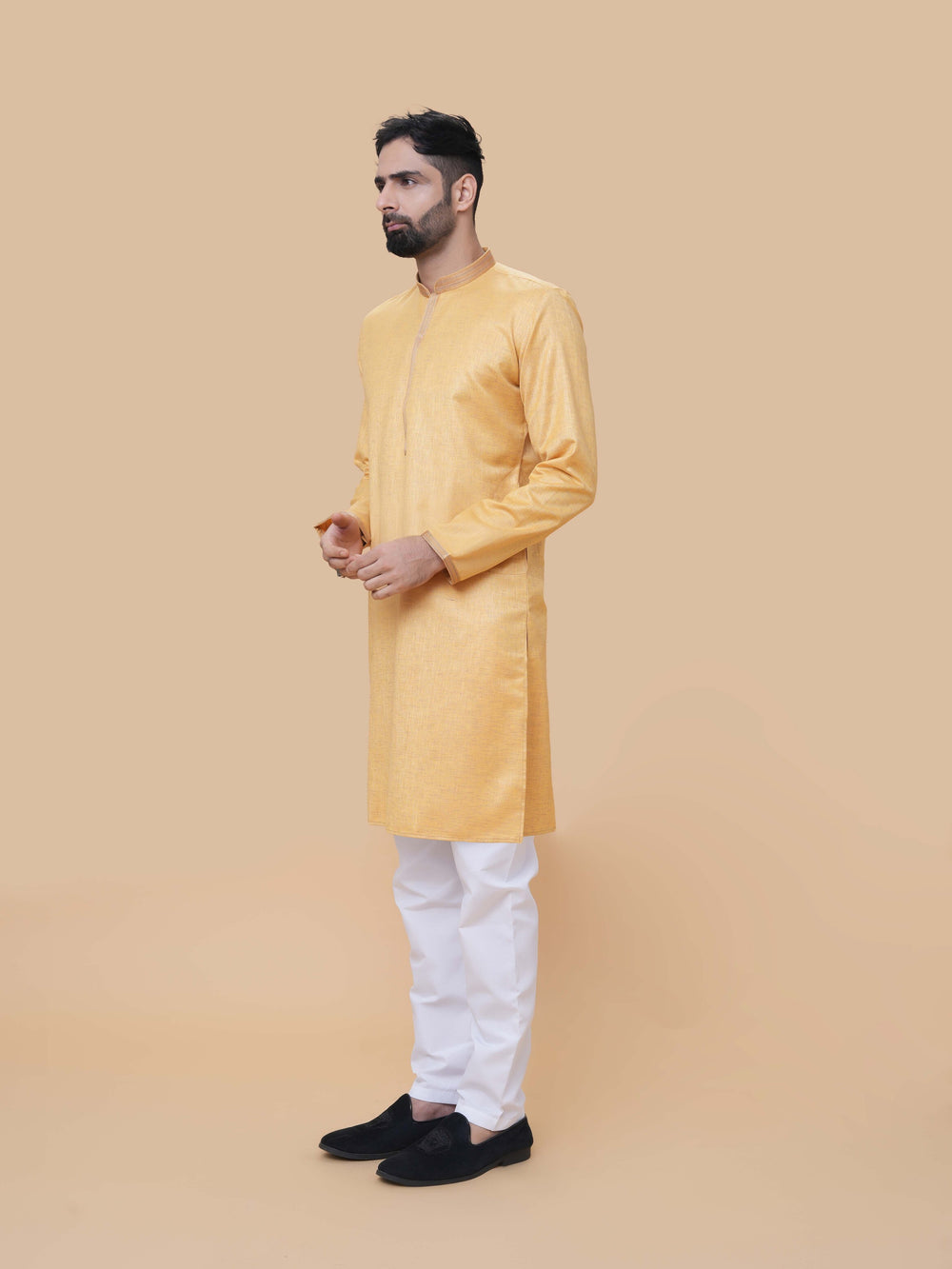 Mustard Linen Cotton Plain Kurta Pyjama