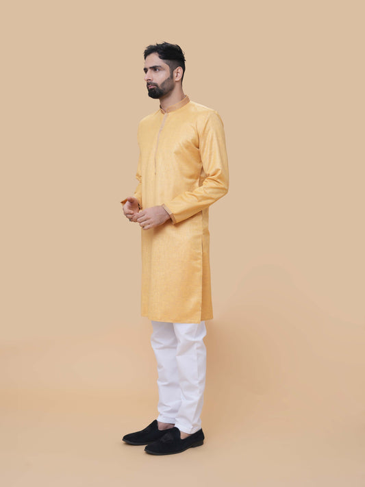 Mustard Linen Cotton Plain Kurta Pyjama