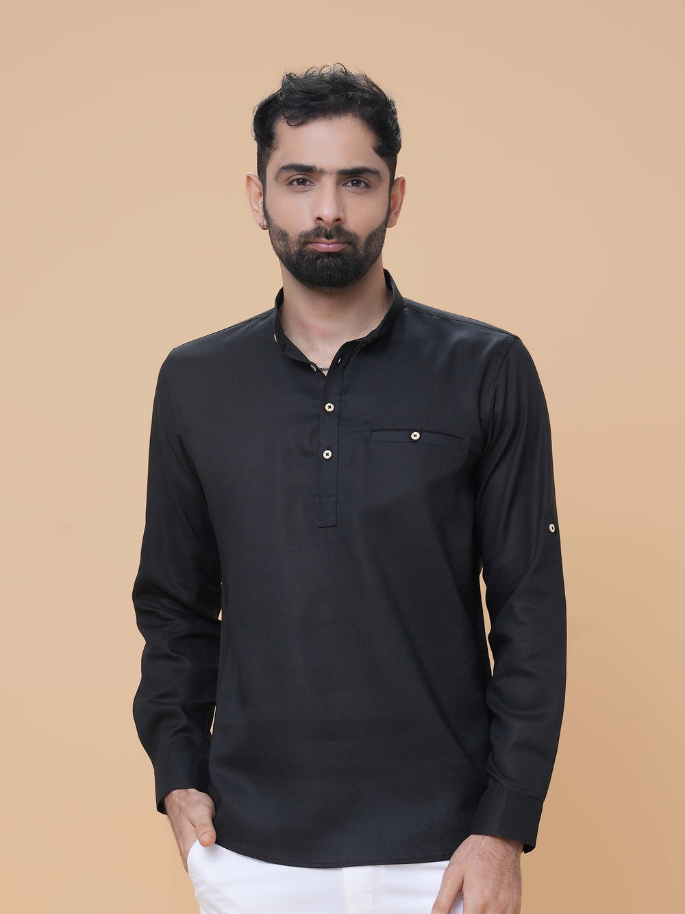 Black Linen Plain Short Kurta
