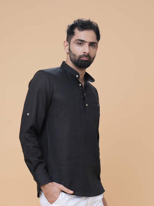 Black Linen Plain Short Kurta
