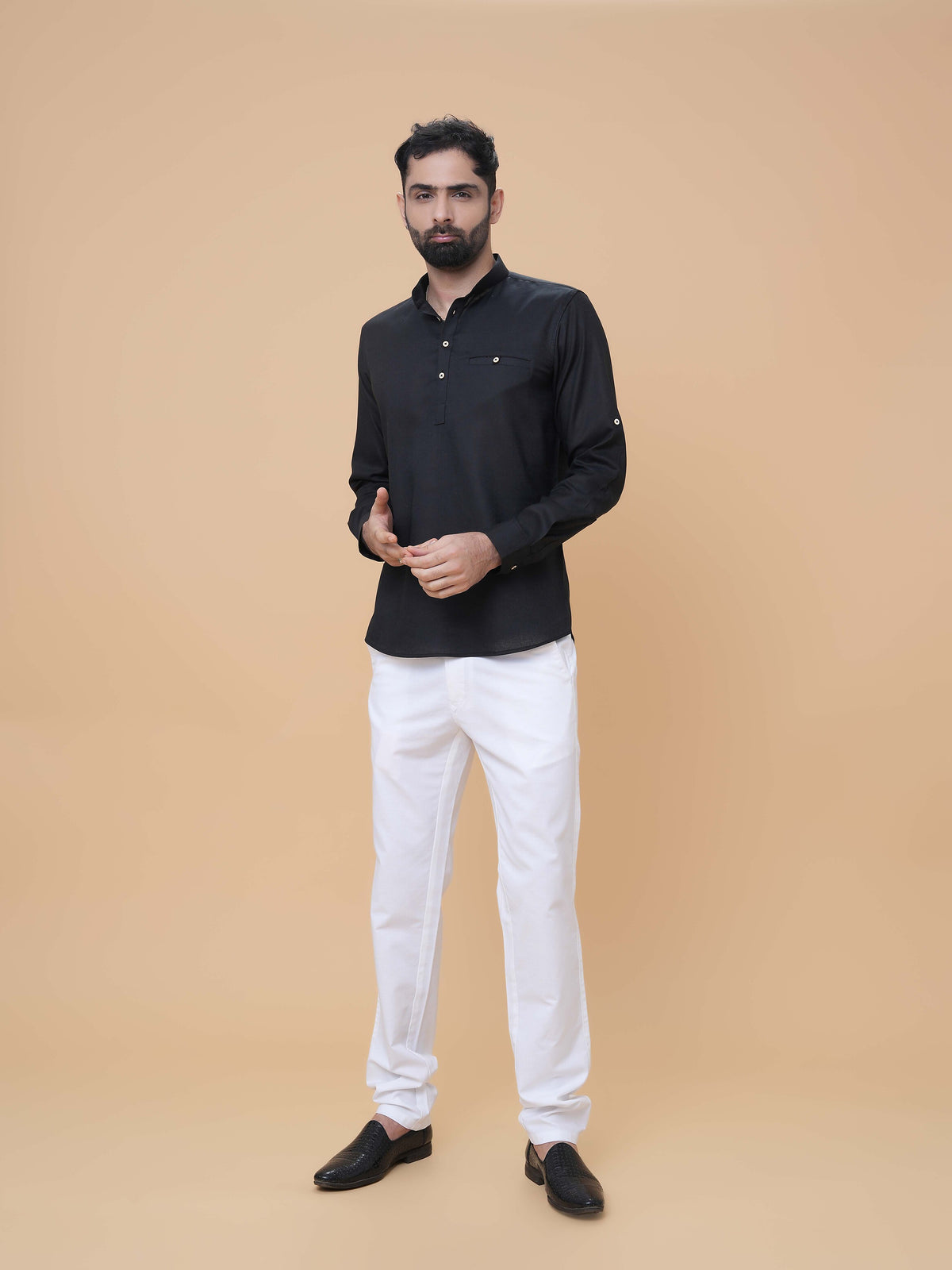 Black Linen Plain Short Kurta