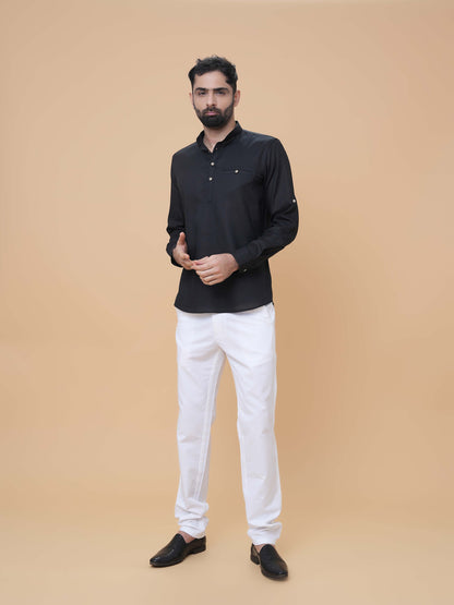 Black Linen Plain Short Kurta