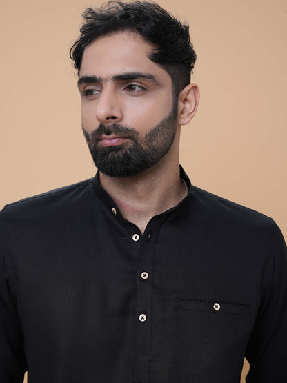 Black Linen Plain Short Kurta