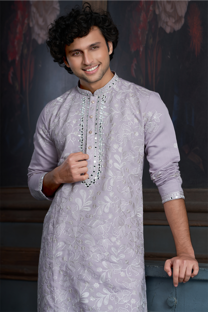 Onion Pink Chanderi Heavy Embroidery Kurta Set with Mirror Work